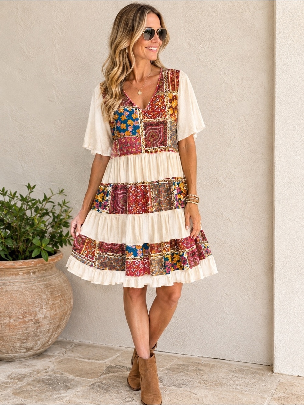 Oddy • Boutique Patchwork Multicolor Boho Dress • Size S • EUC
